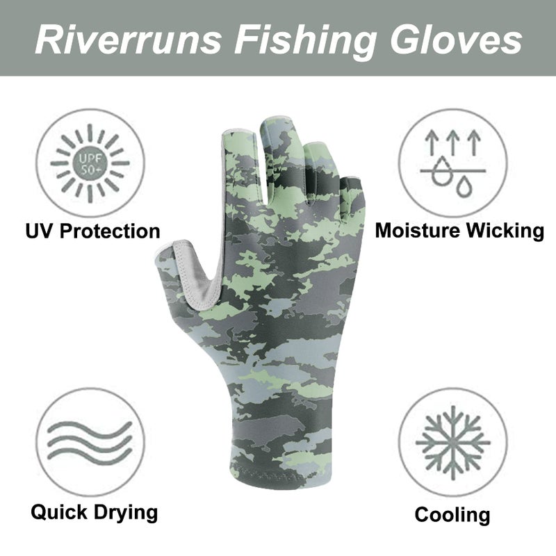 Riverruns UPF 50+ Fishing Gloves UV Protection Fingerless Sun Gloves Men Women for Outdoor, Kayaking, Rowing, Driving, Hunting(CamoGreenScilicone, M) - Image 2